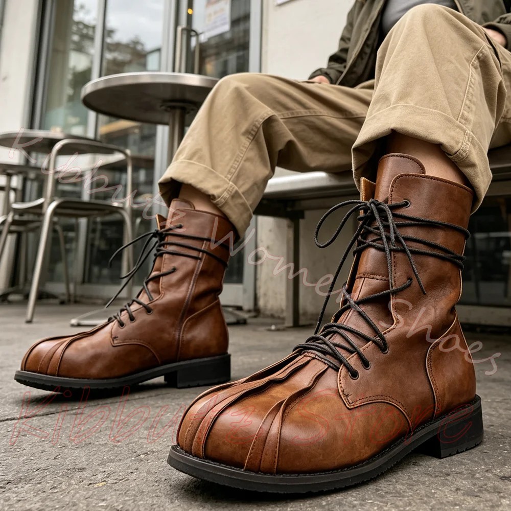 Lace Up Combat Ankle Boots Patchwork Vintage Gothic Round Toe Handmade Look Side Zipper Street Women Leather Shoes Flat with New