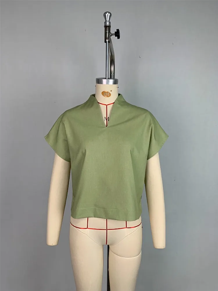 

Onecozyday 2025 New Casual Top for Women Green V-neck Short Sleeves Loose Fit T-shirt Cotton and Linen Summer Shirt Tees