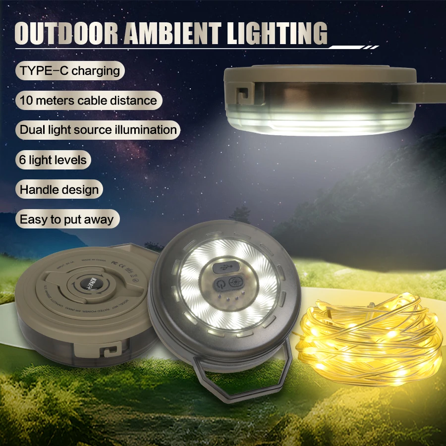 10M Length LED Camping Light Waterproof USB Rechargeable Built-in Battery Atmosphere Lantern For Garden Tent Room Decoration