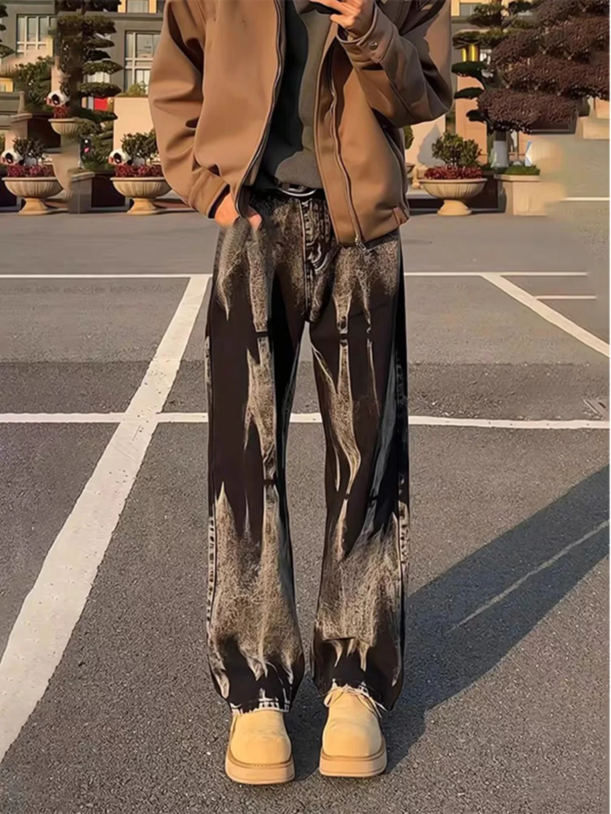 Black Tie Dye Straight Leg Men's Jeans American Retro Flared Knife  High Rise Vibe Jeans Youthful Trendy Long Pants