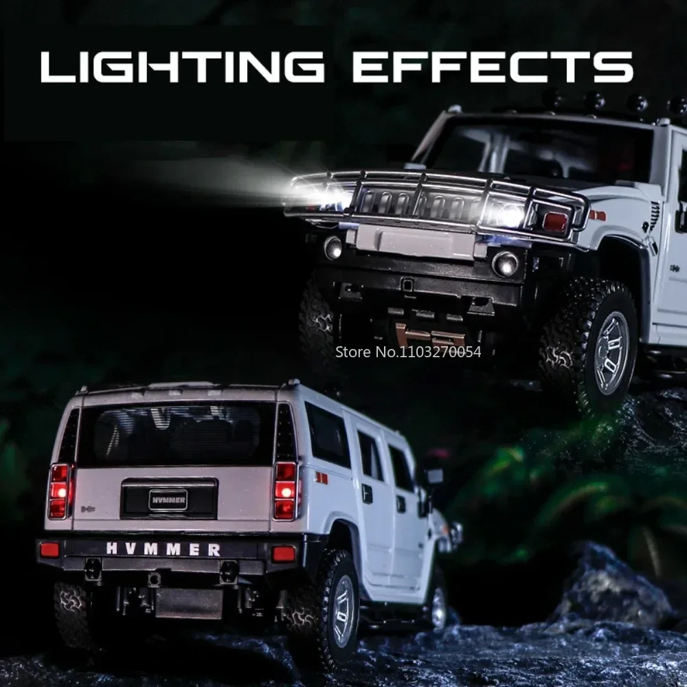 1/24 Hummer H2 Off-Road Alloy Model Car Toy Diecast With Pull Back Sound Light Rear Wheel Suspension Function Vehicle Kids Gifts