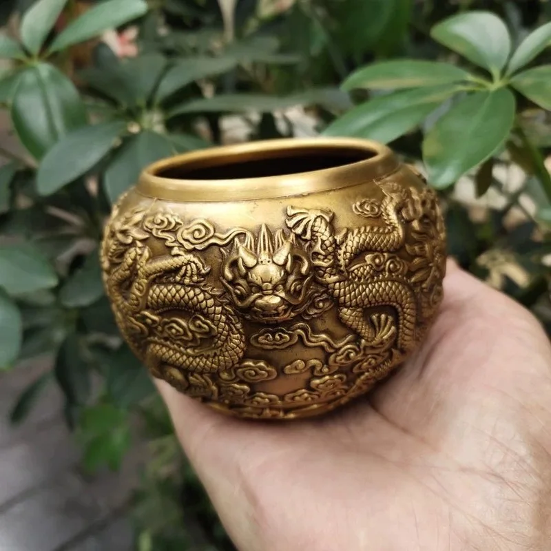 Brass Nine Dragon Tea Jar Chinese Style Home Office Storage Canister Copper Ornament Metal Craft