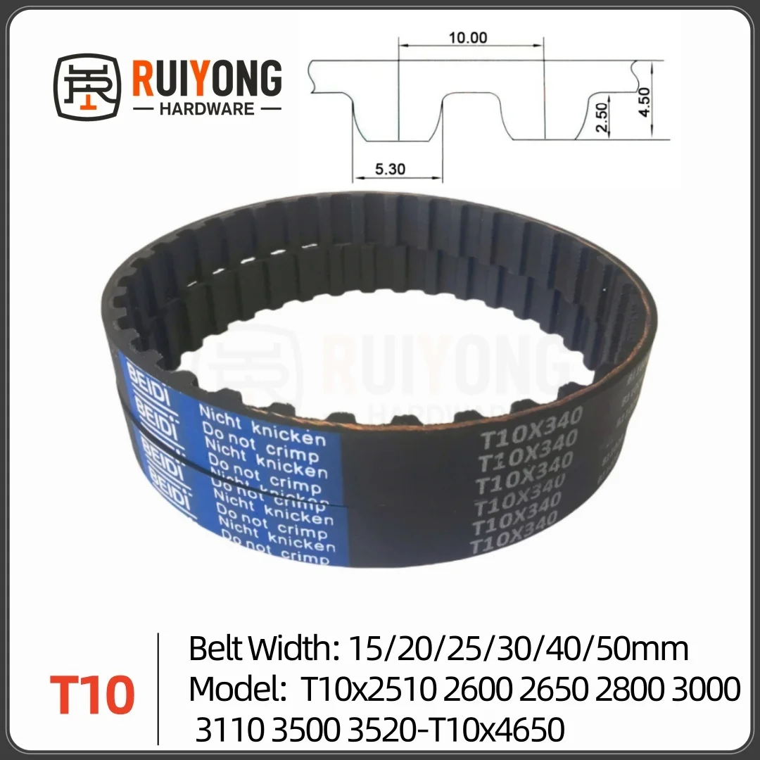 T10 High Torque Rubber Timing Belt Width 15/20/25/30/40/50mm Model number T10x2510 2600 2650 2800 3000 3110 3500 3520-T10x4650