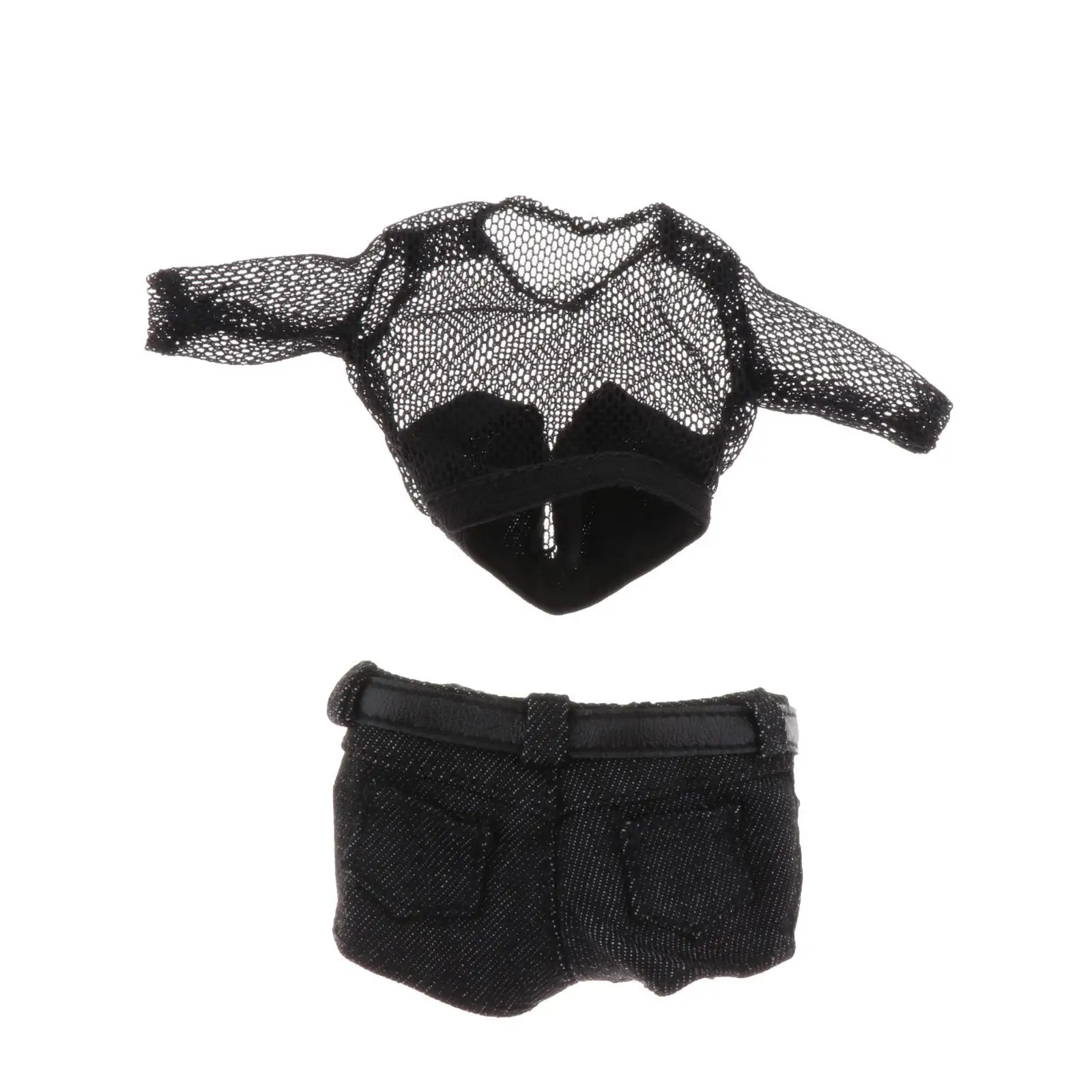 1/6 Women Figure Lace Hollow Clothes for 12 Inch Action Figure Hooded Top Denim Shorts Belt Costume Accessories Black Set