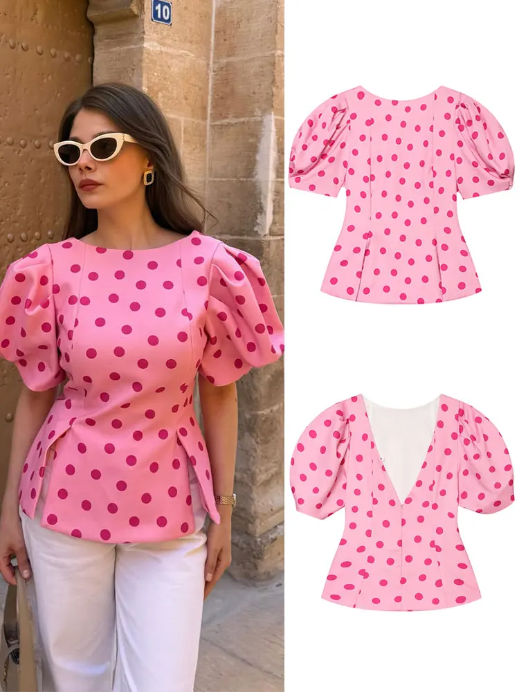 Camiseta rosa con lunares para mujer, con cremallera trasera, dobladillo con abertura, manga abullonada, corte ajustado, elegante, informal, para vacaciones, playa, blusa, top.
