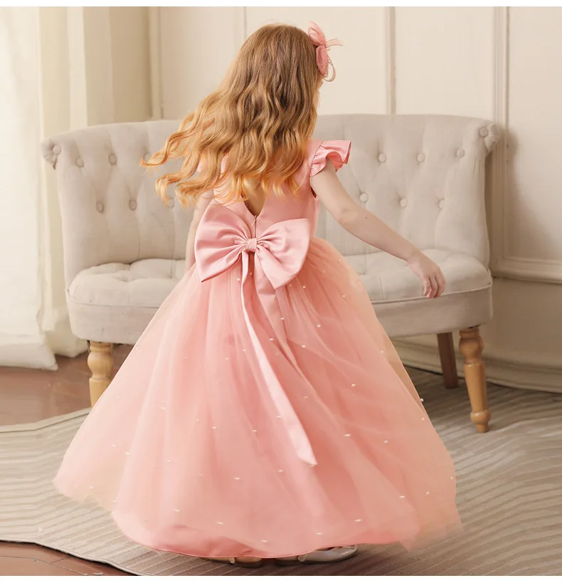 Summer Girl Flower Birthday Tulle Dress Backless Bow Wedding Gown Piano Kids Party Wear Princess Dress Baby Girl Bowknot Dresses