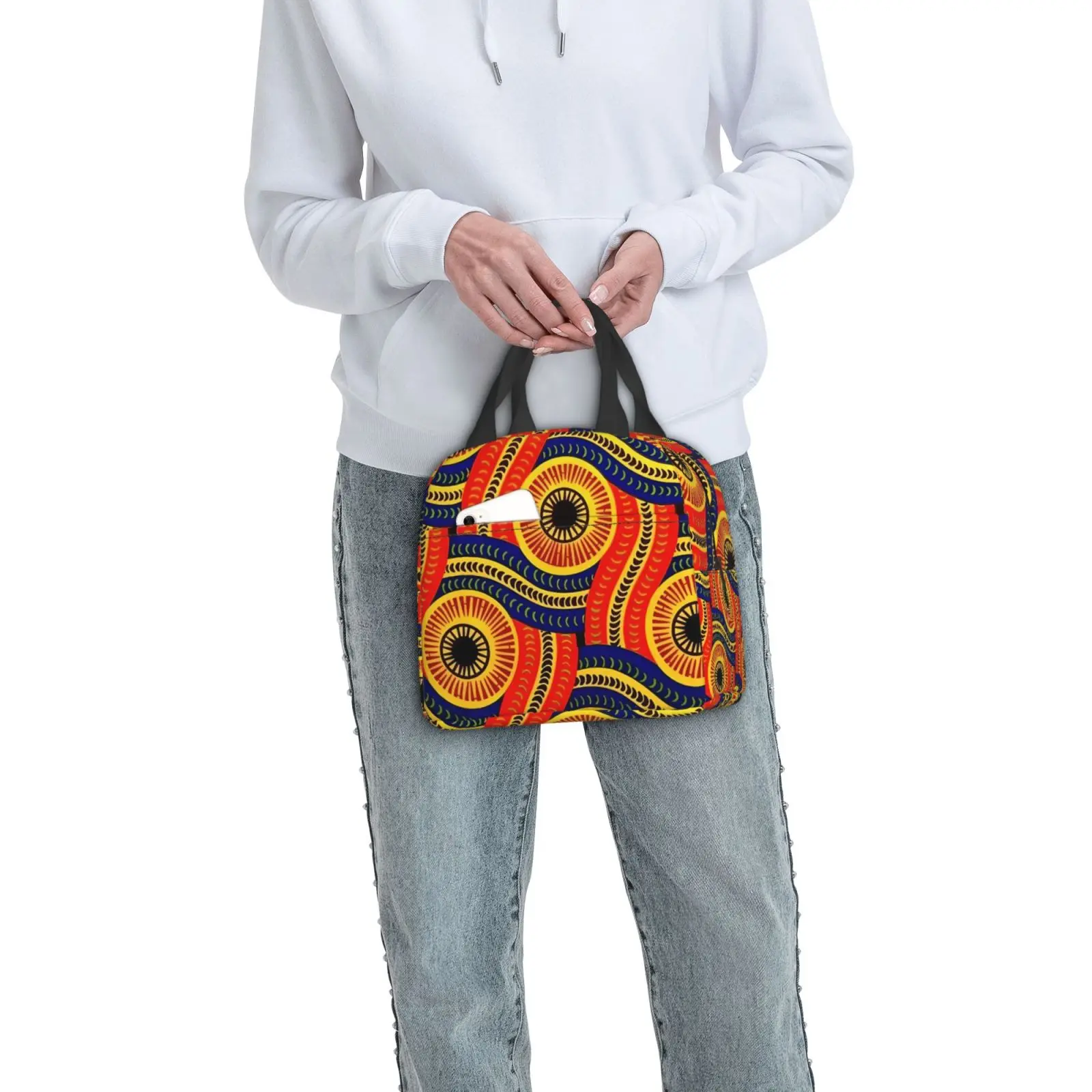 African Ethnic Geometric Colorful Pattern Lunch Tote Bag Insulated Leakproof Lunch Box Container with Front Pocket for Girls Boy