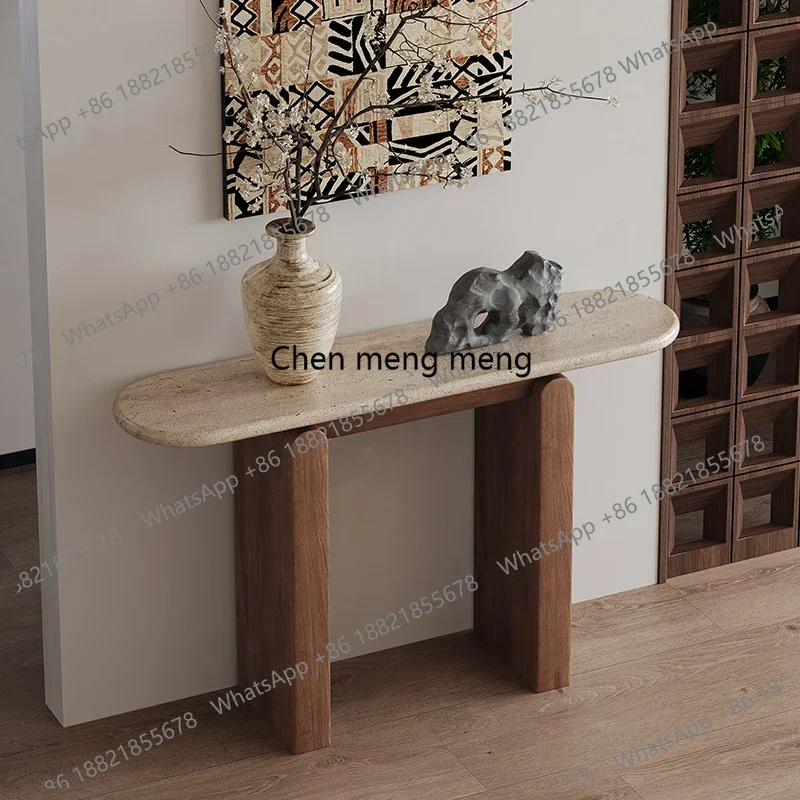

cc182Medieval solid wood travertine rock slab entrance table, entrance corridor against the wall, ultra-narrow strip table
