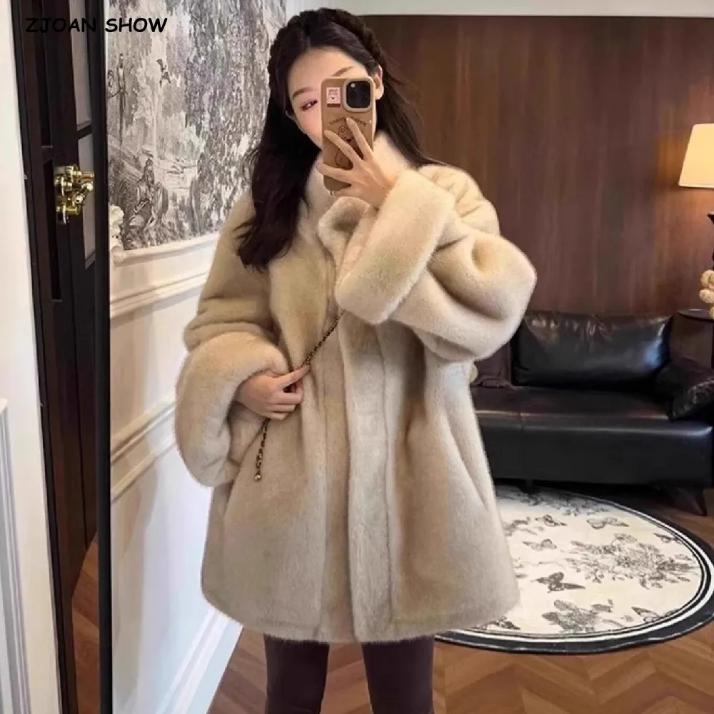 

Новая зимняя винтажная шуба из искусственного норкового меха, шикарная женская свободная верхняя одежда с воротником-стойкой и длинными расклешенными рукавами Femme