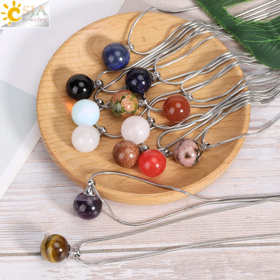 CSJA Natural Stone Perfume Necklace Round Crystal Pendant Reiki Essential Oil Diffuser Bottle Charm Necklaces Men Women H513
