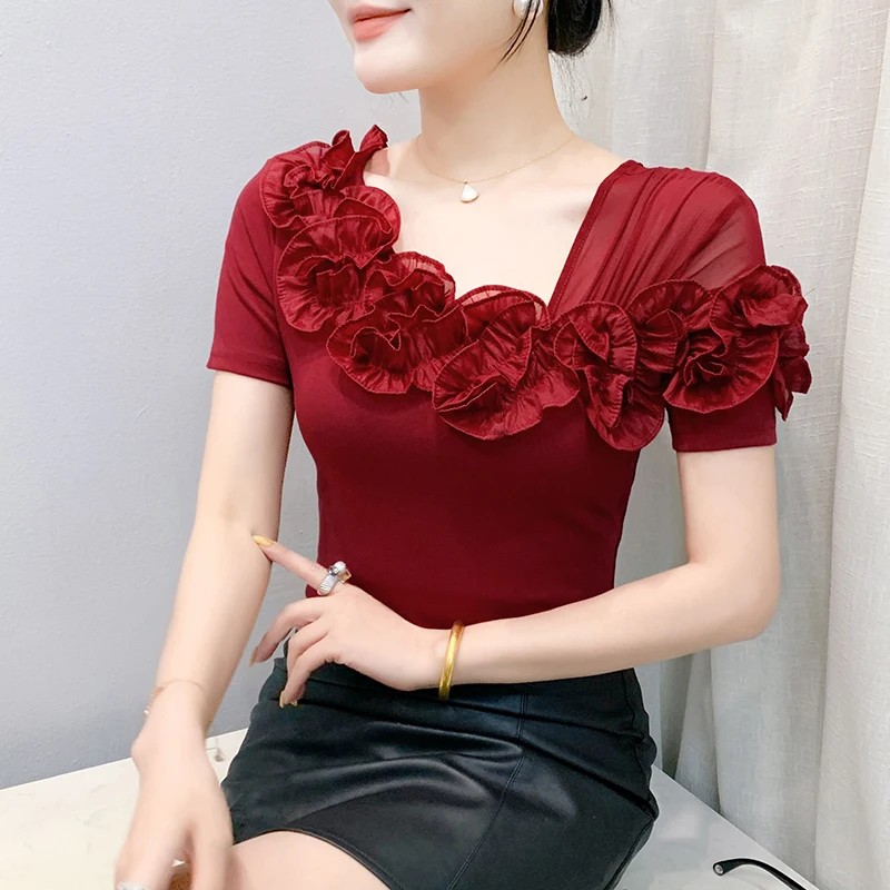 2025 Summer Cotton T-shirts Chic Asymmetric Neckline Off-Shoulder Ruffle Trim Slim Fit Tee Exclusive Boutique Women's Casual Top