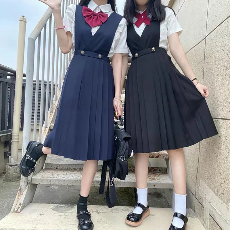 

Sweet Japanese Girl Long Pleated Dress Preppy Style Women Sleeveless Pinafore Dress JK High School Uniform Class Uniform