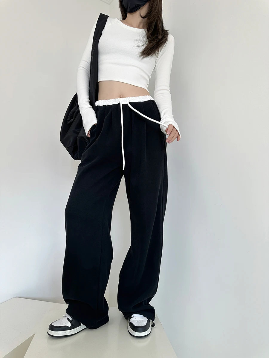 

Женские брюки с высокой талией и завязками, свободного кроя, прямые, повседневные, в уличном стиле, из смесового хлопка и полиэстера