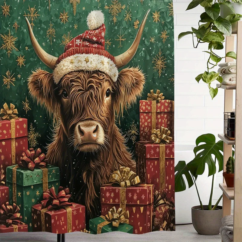 Christmas Highland Cow Presents Water-Resistant Bath Drape, Woven Polyester with Artsy Design, Includes 12 Hooks, Machine W