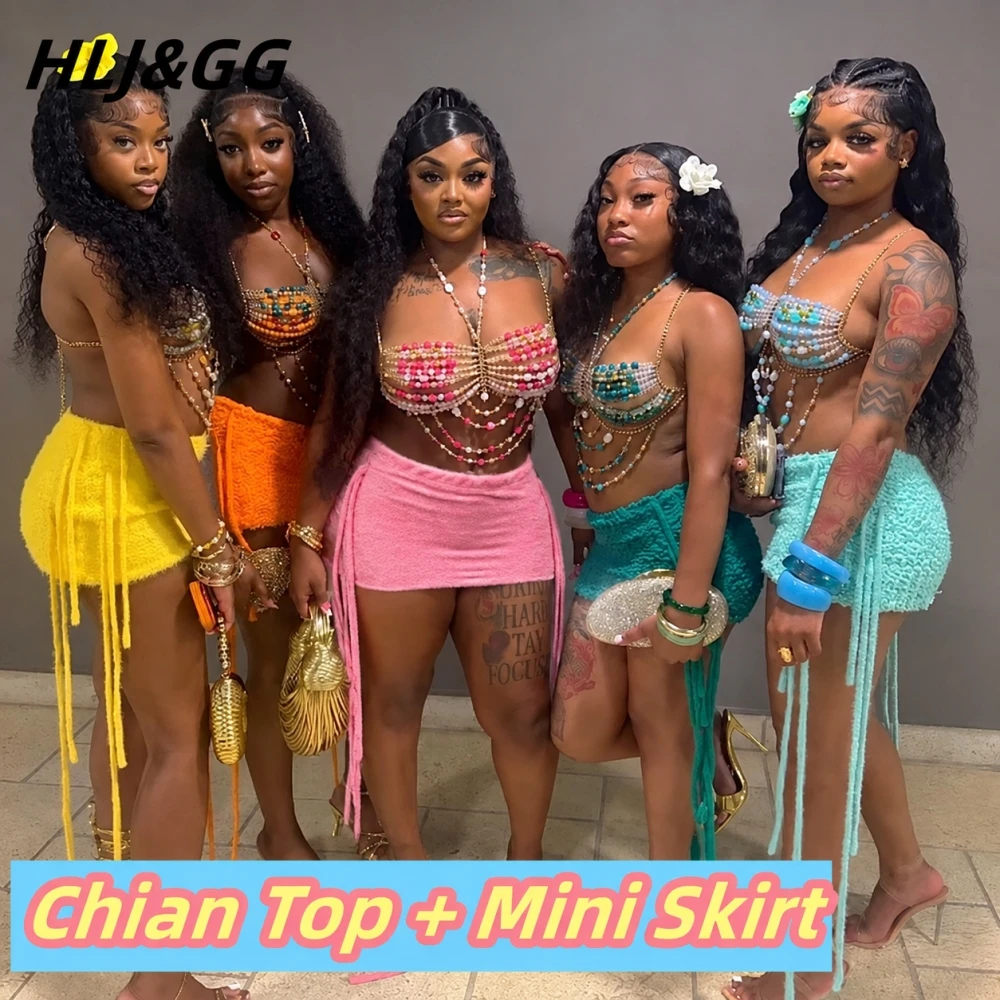 HLJ&GG Women Luxury Beaded Chain Top Mini Skirt Set Sexy Crystal Tassel Two Piece Outfit Summer Beach Party Festival Clubwear