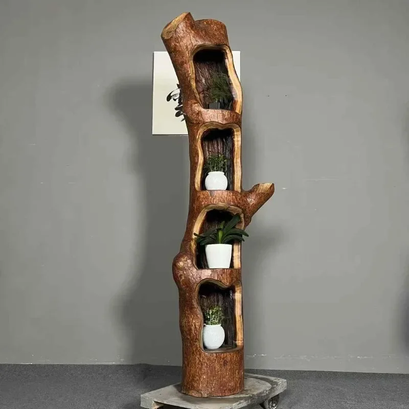 Camphor wood stump shelf, corner lattice shelf, whole wood Pavilion display bookshelf, retro root carving flower stand