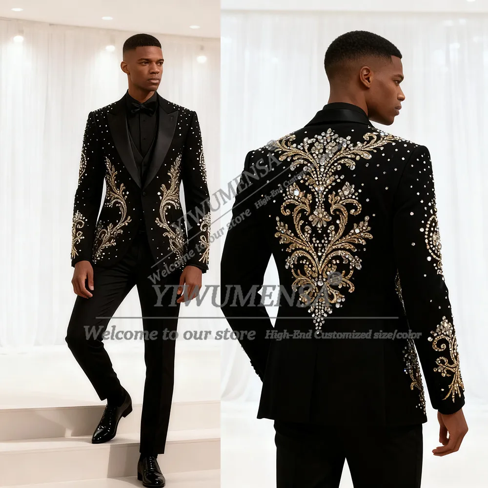 

Блестящий костюм с камнями и бисером, мужской костюм на свадьбу, комплект из трех предметов, мужской банкетный пиджак, смокинги, однобортный костюм жениха по индивидуальному заказу, наряд