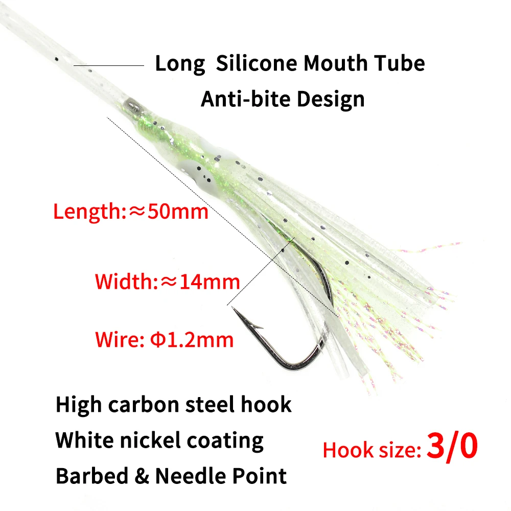 Elllv 10pcs 3/0 Hook Pre Tied Anti-bite Luminous Squid Skirts with Monofilament Line Saltwater Mackerel Herring Fishing Lure