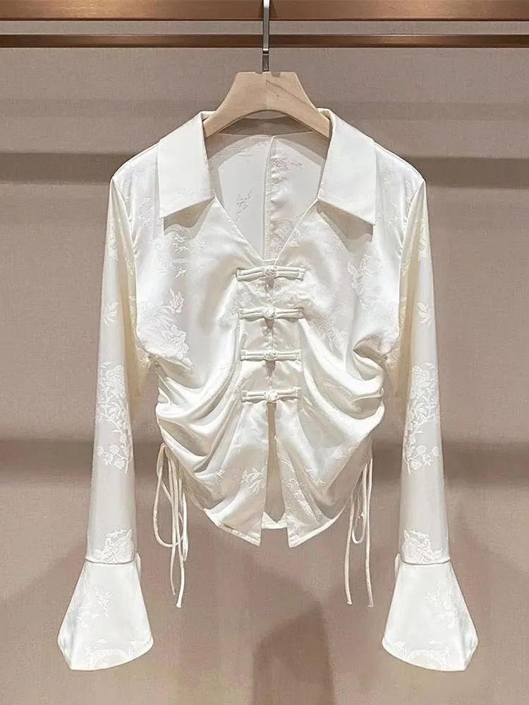 Fashion Vintage Blouses Flare Sleeve V Neck Jacquard Draw String Shirts Chinese Style Design Crop Tops Slim Women's Clothing