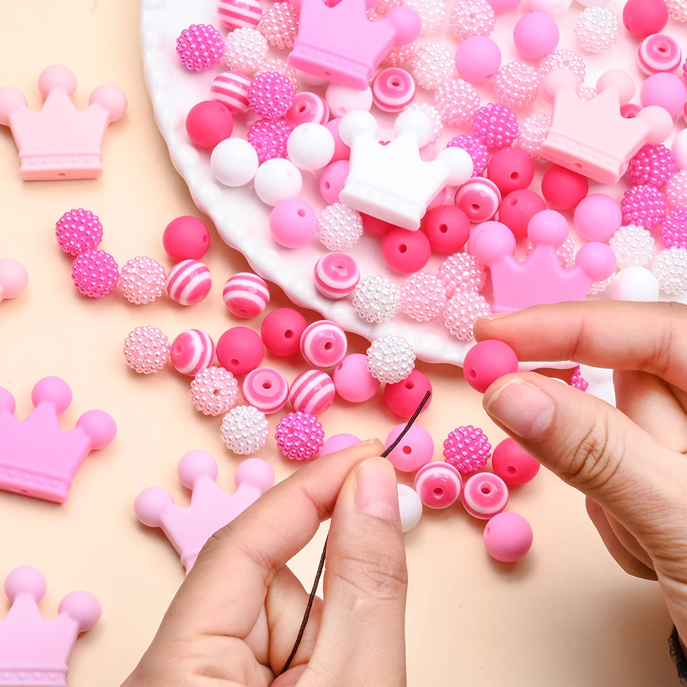 74Pcs Valentine's Day Silicone Acrylic Bead Set Pink Round Crown Focus Loose Beads For DIY Teether Pacifier Chain Jewelry Making