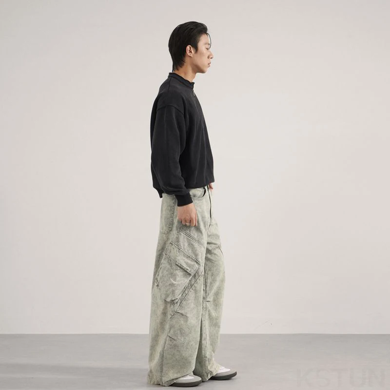 Kstoun calças de carga masculinas, ajuste solto, bolsos grandes, 100% algodão, cinza claro, calças curvas, calças largas, moda hiphop, streetwear