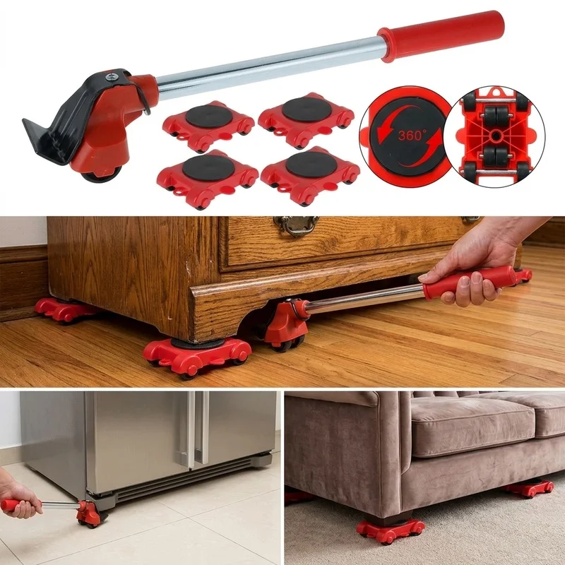 5Pcs Heavy Duty Furniture Lifter Mover Set, 360° Rotating Roller Wheels, Portable Lifting Tool for Sofa Cabinet Appliance Moving