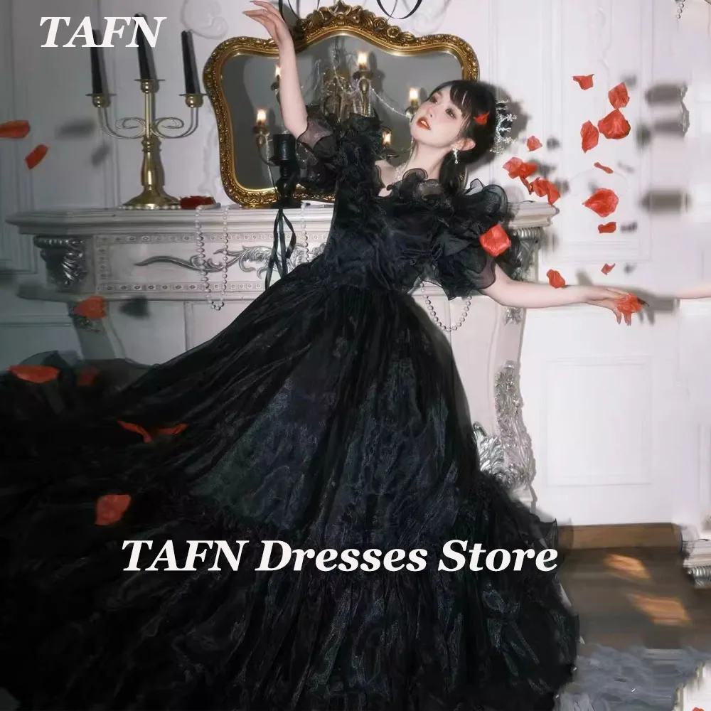 TAFN Black Evening Party Dresses A-line Contoured Sleeves Organza Brithday Ball Gown Girl Art Photo Shoot Dresses パーティードレス