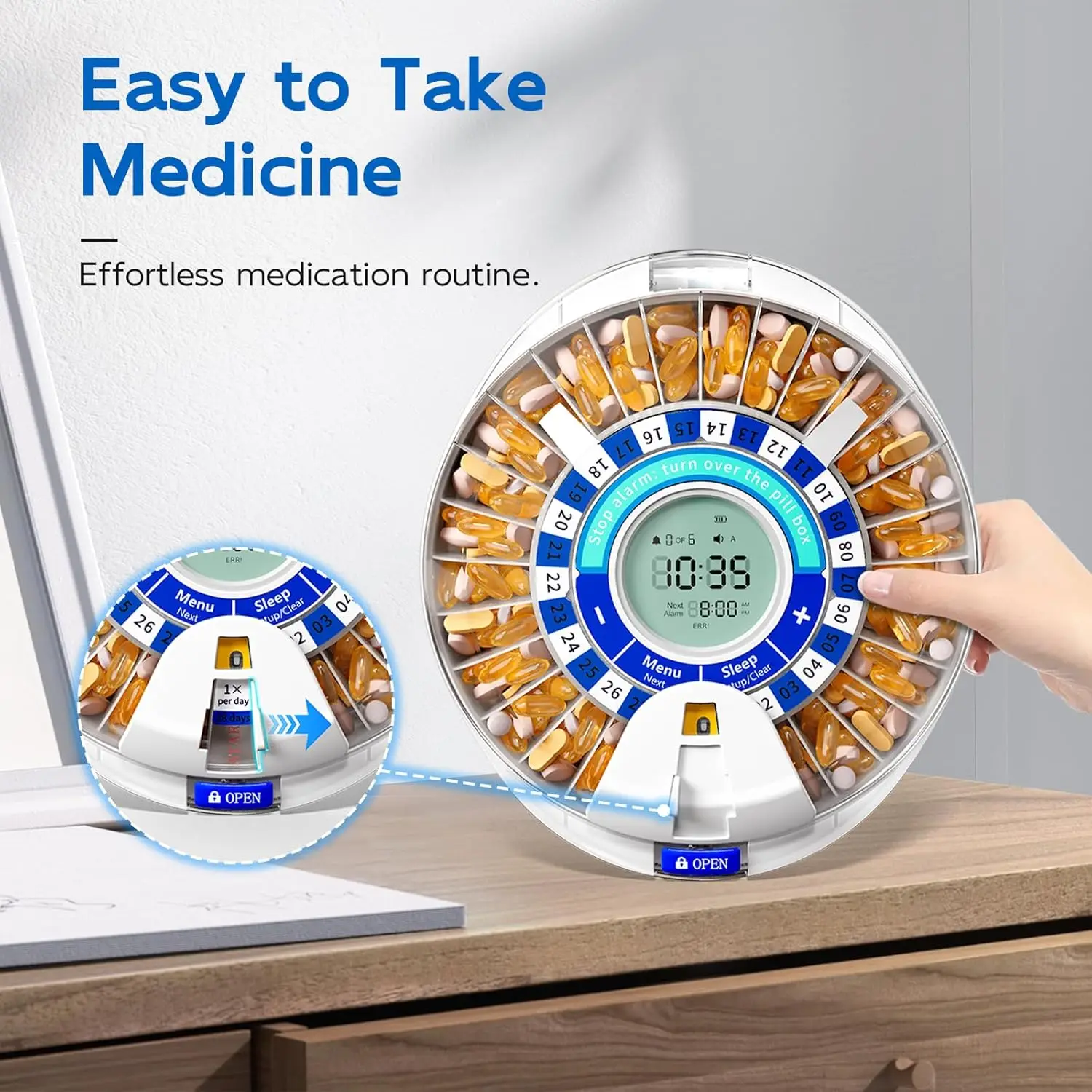 28-Day Electronic Locked Pill Box, Automatic Pill Dispenser for Elderly with Alarm, Sound & Light Reminders for Medication
