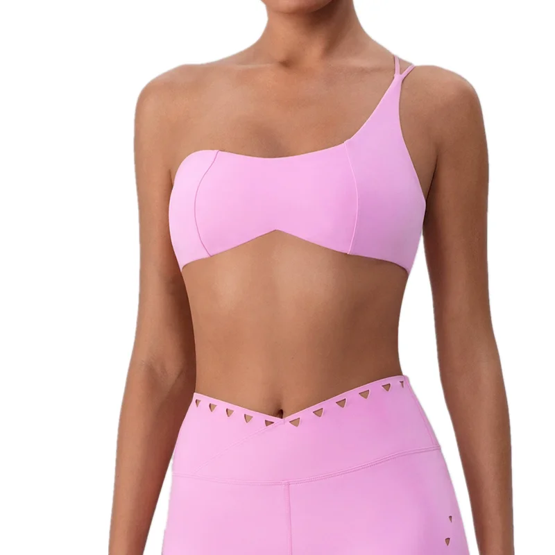 

Sexy Beautiful Back Sports Bra Women Curved Hem Fitness Yoga Bra Gym Oblique Single Shoulder Strap Workout Gym Underwear Pink Bl