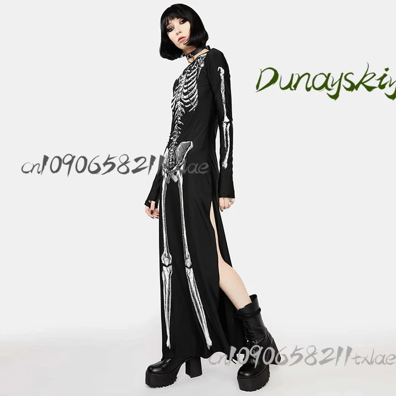 فستان ماكسي قوطي Y2K - فستان الهالوين/عيد الميلاد/عيد الفصح/أوكتوبرفيست متعدد الاستخدامات بطباعة جمجمة