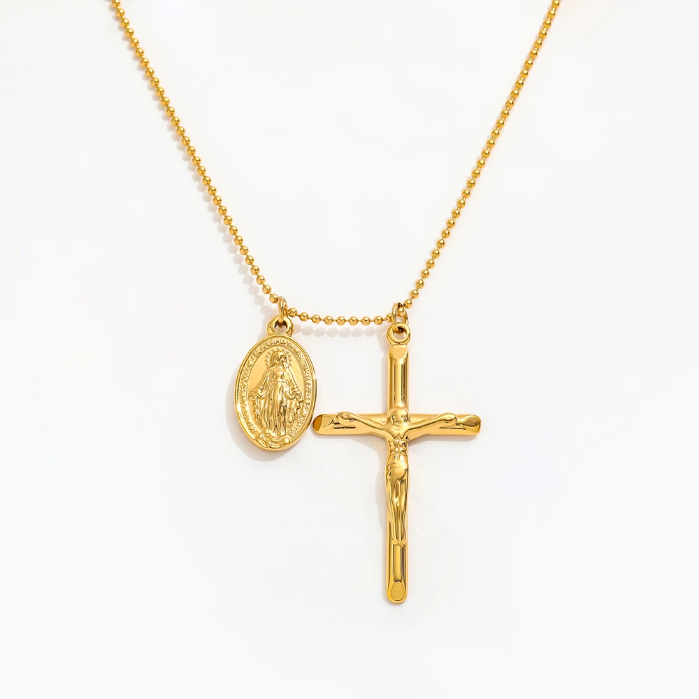 

Joolim Jewelry Wholesale Tarnish Free Fashion Vintage Cross Oval Virgin Mary Pendant Stainless Steel Necklace for Women