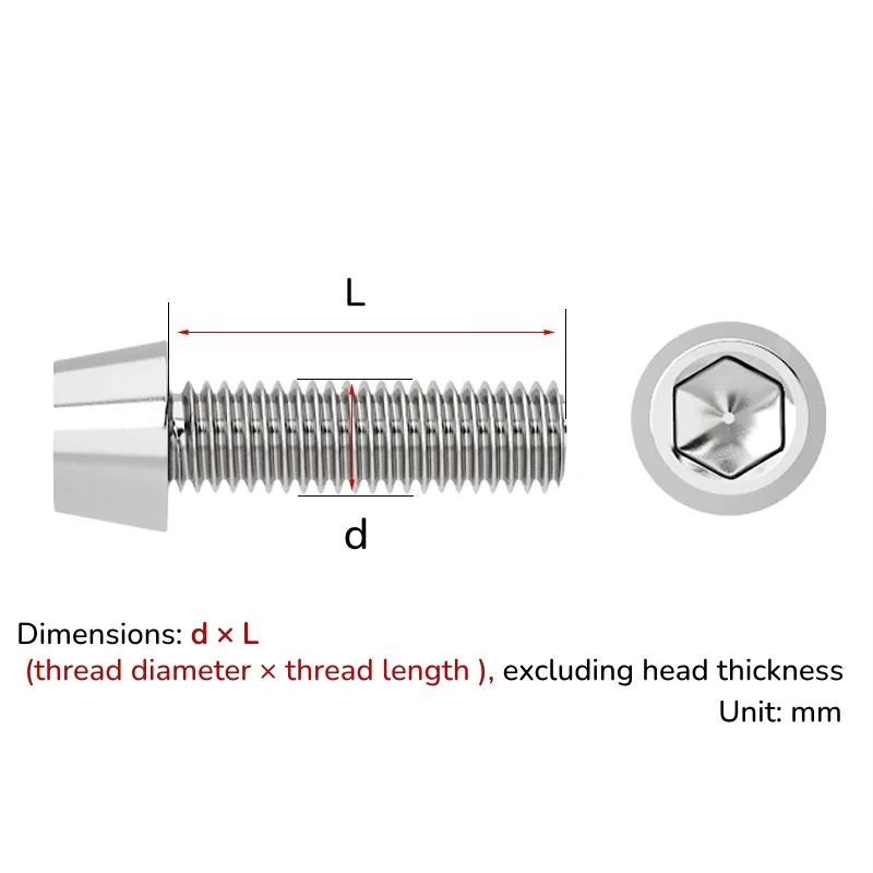 M3 M5 M6 TA2 Pure Titanium Tapered Hex Screw Socket Allen Bolts for Electric Vehicle Modifications