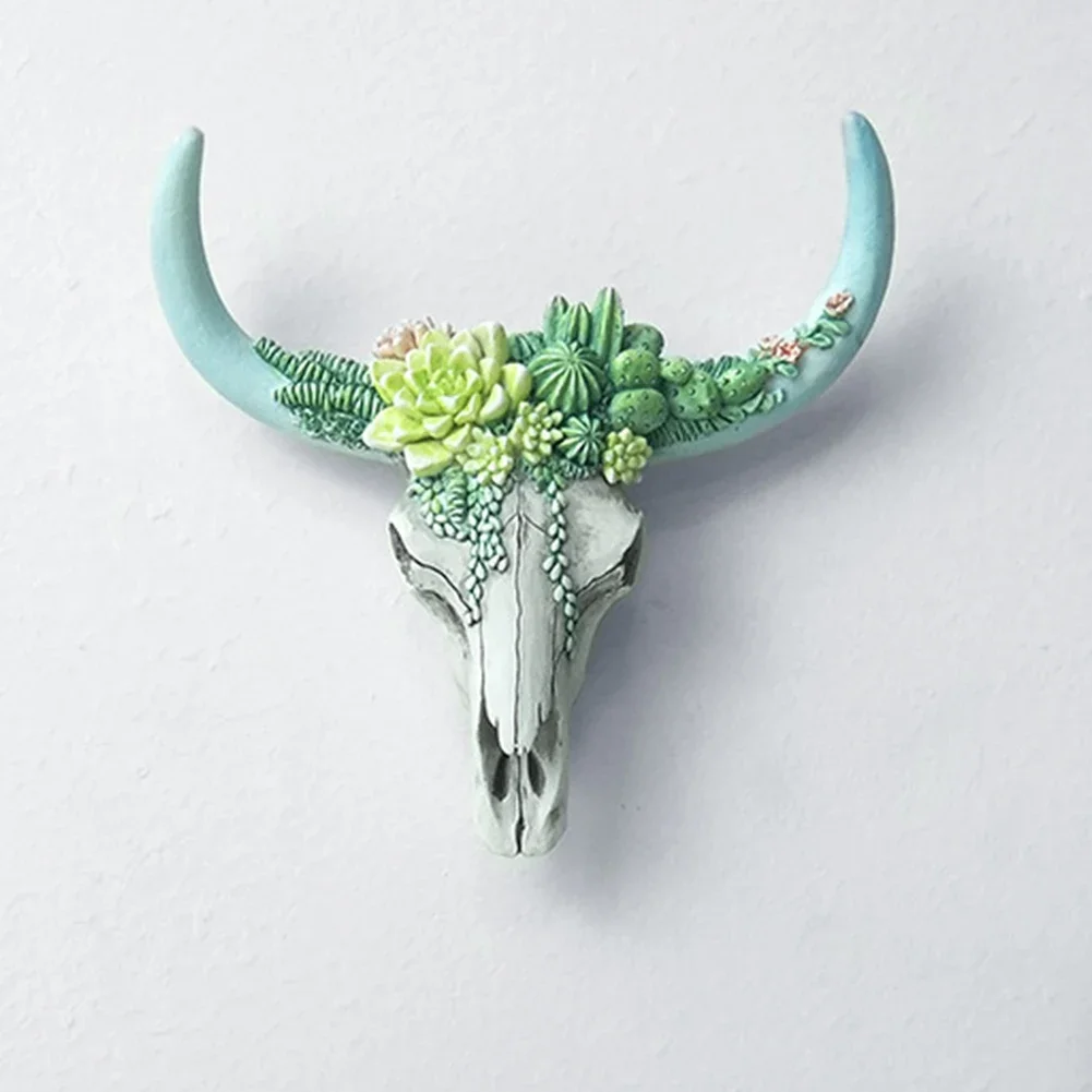 Cow Skull Wall Pendant Succulents Flower Resin Cow Head Miniature Figurines Animal Sculpture Crafts Home Hanging Ornaments Decor