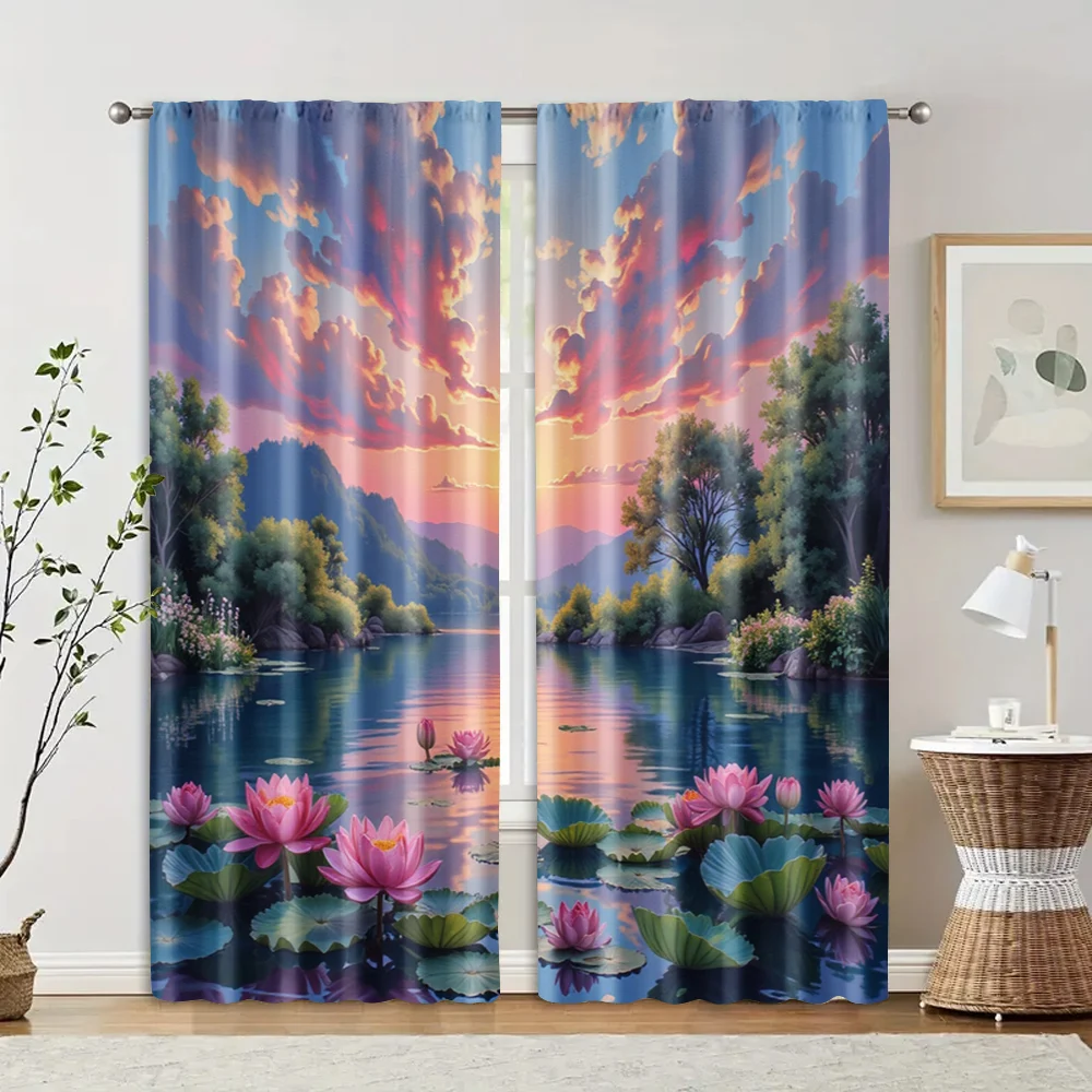 2 pcs, filtering curtains (excluding rods, non-movable, without batteries) daysWater Lilies for use in bedrooms and living rooms