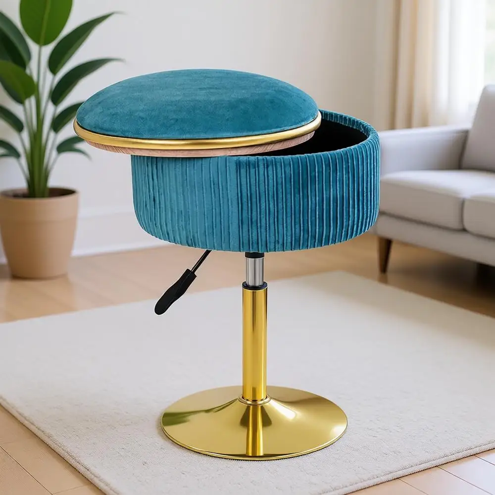 

Синий бархат 360 ° Поворотный табурет для хранения с золотым основанием для макияжа и использования в спальне