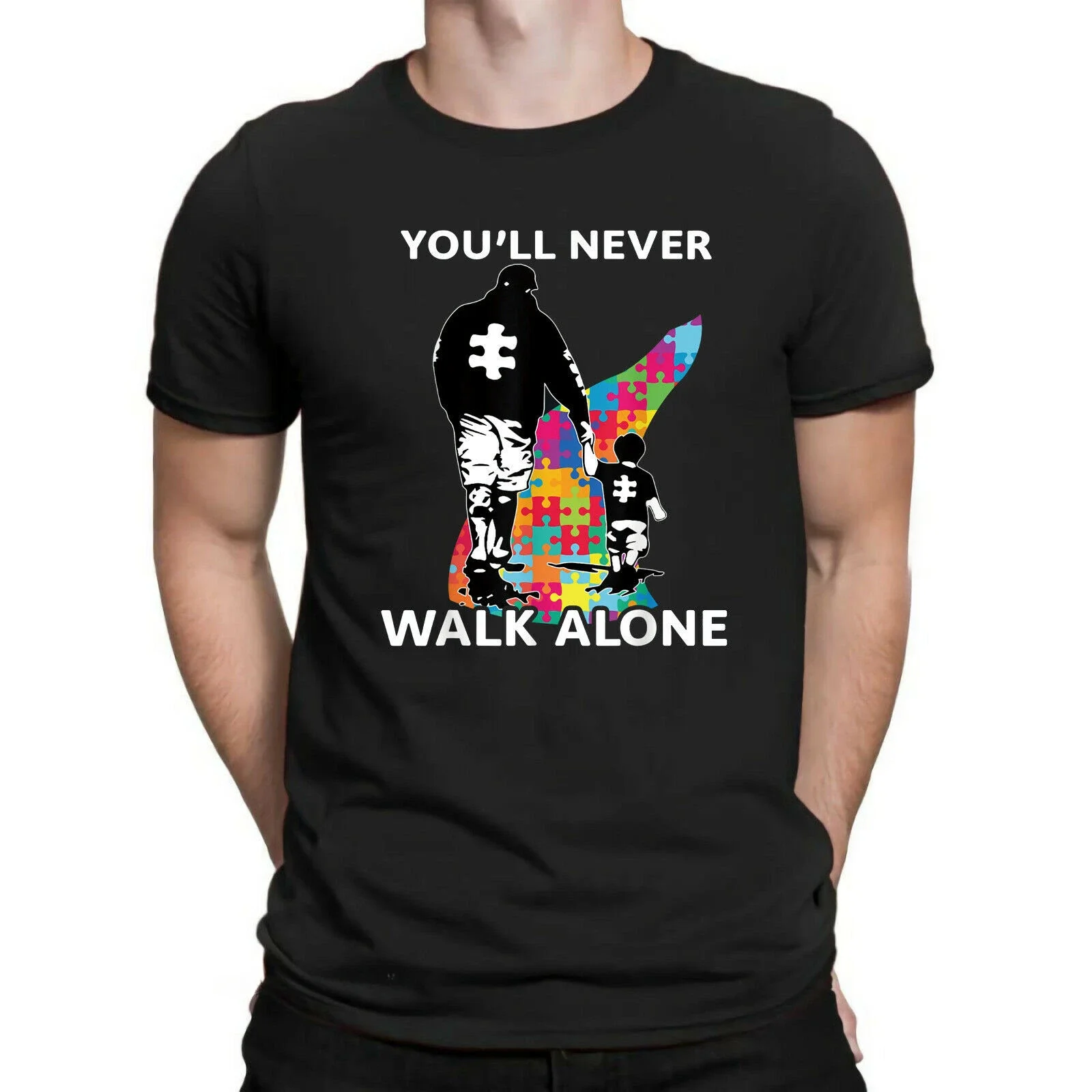 Vintage New Design Print Autism Dad & Son You'll Never Walk Alone Men's Black T Shirt Unisex Style Shirts for Women Men T-Shirts