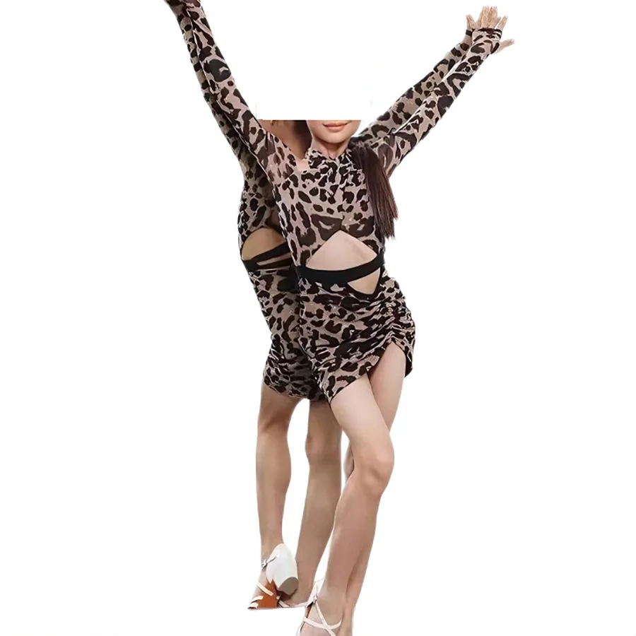 Girls Leopard Print Latin Dance Costume  Ladies Sexy Cut Out Backless Long Sleeve Latin Practice Dress for Competition & Show