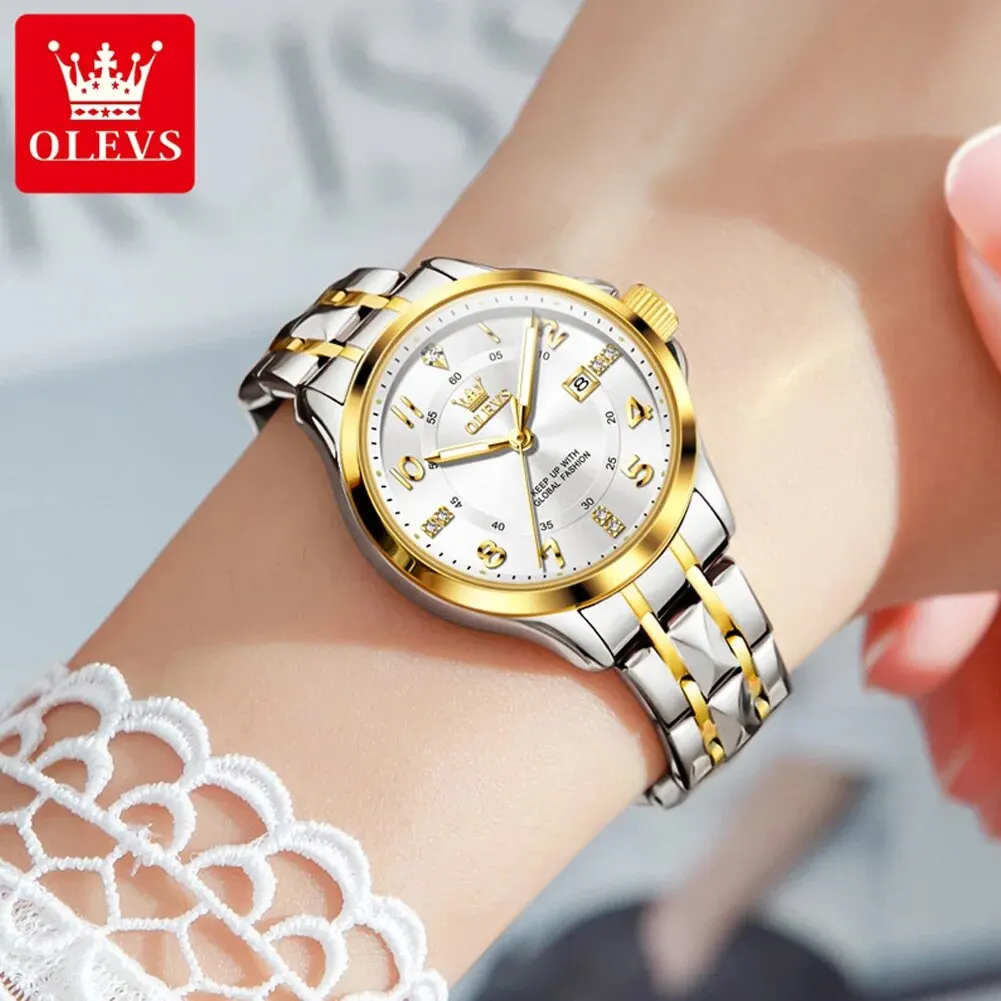 OLEVS 2910 Luxury Quartz Watch for Women Classic Digital Scale Stainless Steel Waterproof Luminous Calendar Ladies Wristwatches