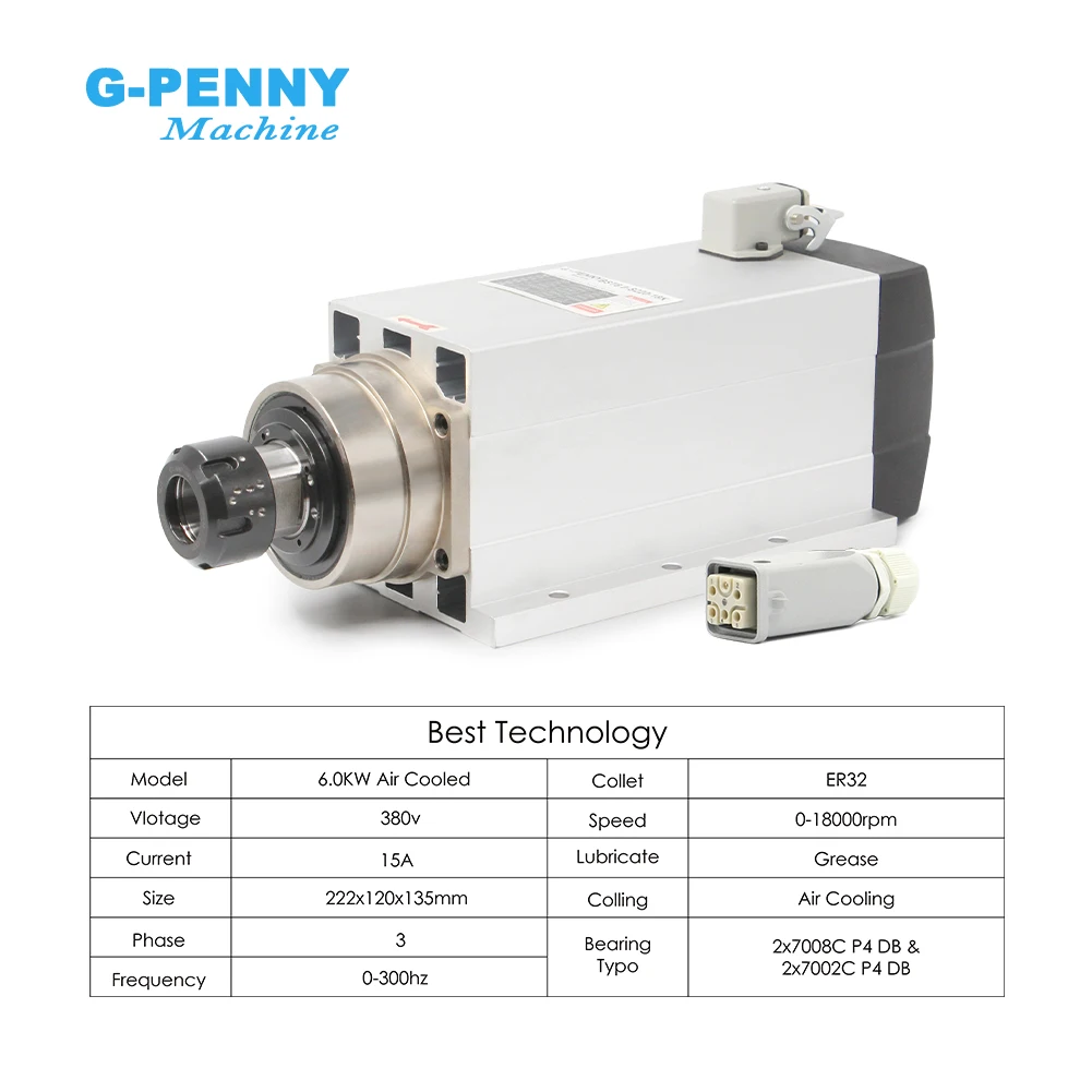 G-Penny 6kw Air Cooled Spindle Motor 4pcs Ceramic Ball Bearings ER32 300Hz 220v / 380v With Mounting Flange 0.01mm Accuracy