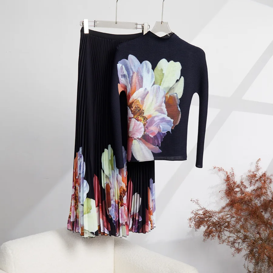 Miyake Style Pleated 2 Pieces Set High Stretchy Slim Fit Long Sleeve Tops + Elastic Waist A-Line Long Skirt Suit Spring Autumn