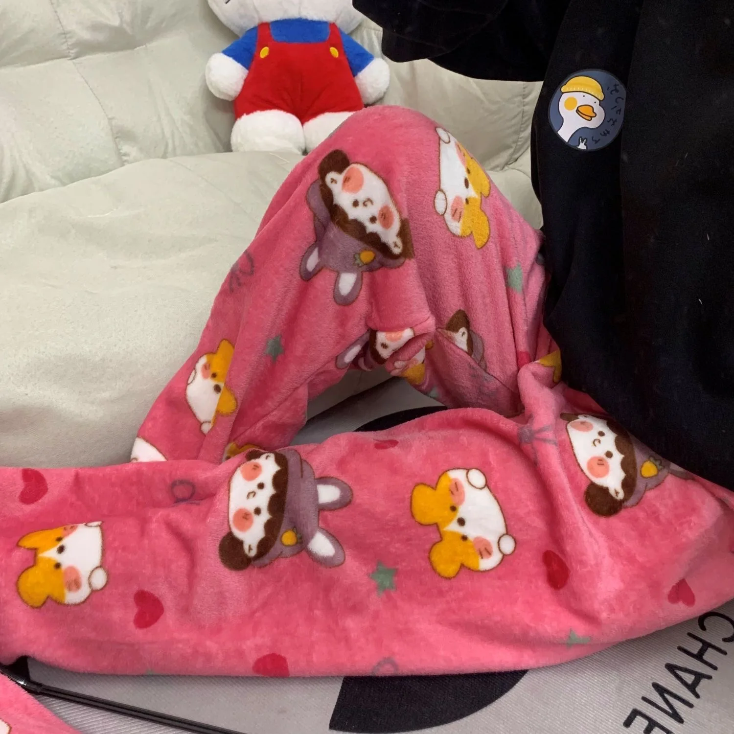 Pink Pajamas Pants Women Warm Thickened PJ Pants Plaid Christmas Couple Sleeping Pants Rabbit Bear Flannel Soft Fluffy Sleepwear