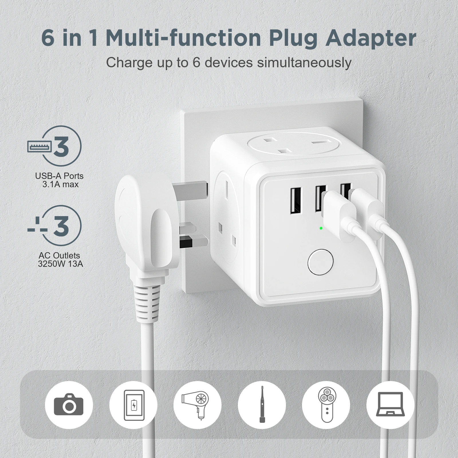 UK Plug Power Strip Cube z 3 gniazdami AC 3 gniazda elektryczne USB Adapter ścienny z wieloma wtyczkami z przełącznikiem biały do podróży w domu