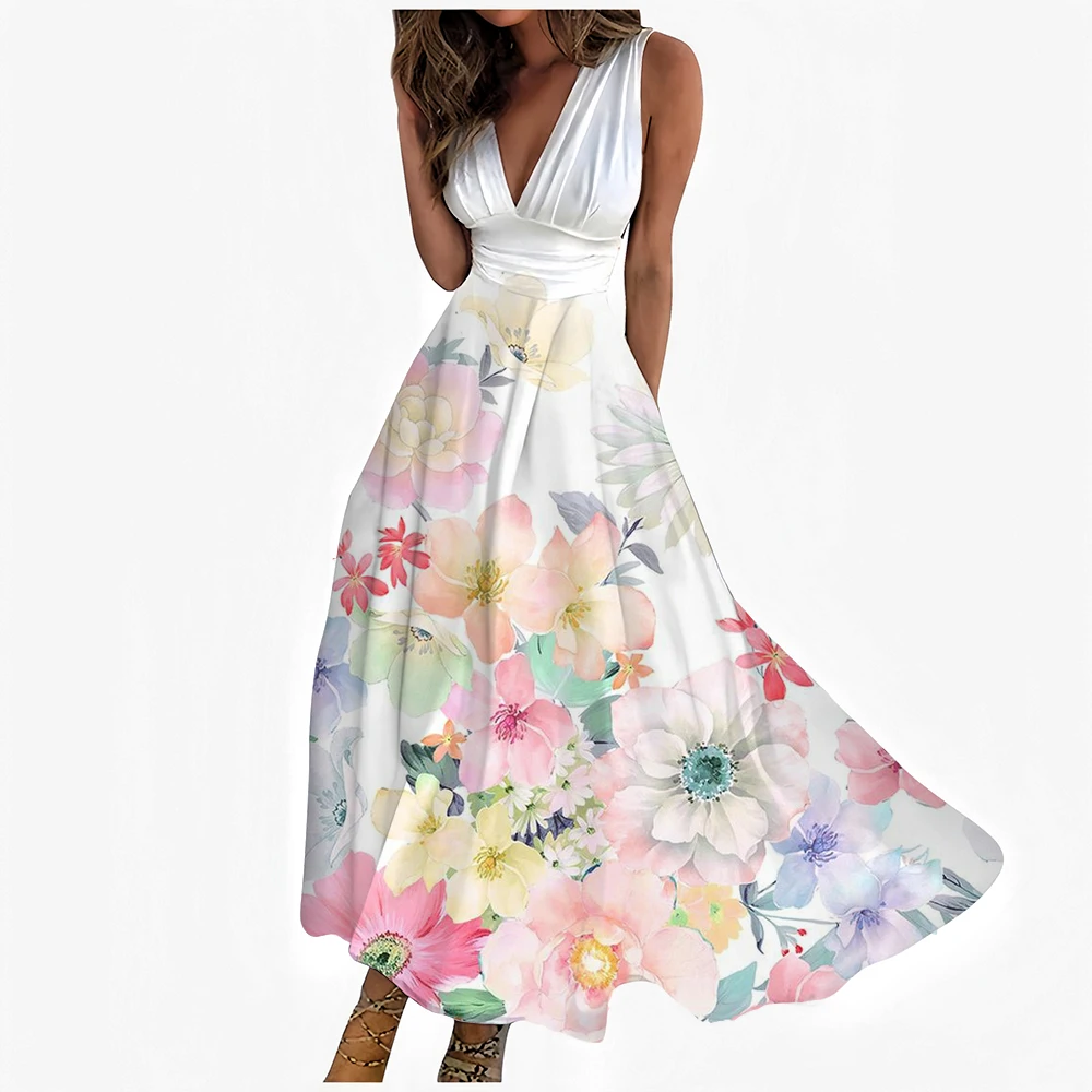 Damen-Hemdkleid mit Batikmuster und Blumenmuster, Regenbogenfarben, Bohemian-Stil, Grafik, Urlaub, ärmellos, große Schaukel, Designer-Kleider mit lässigem V-Ausschnitt und Print