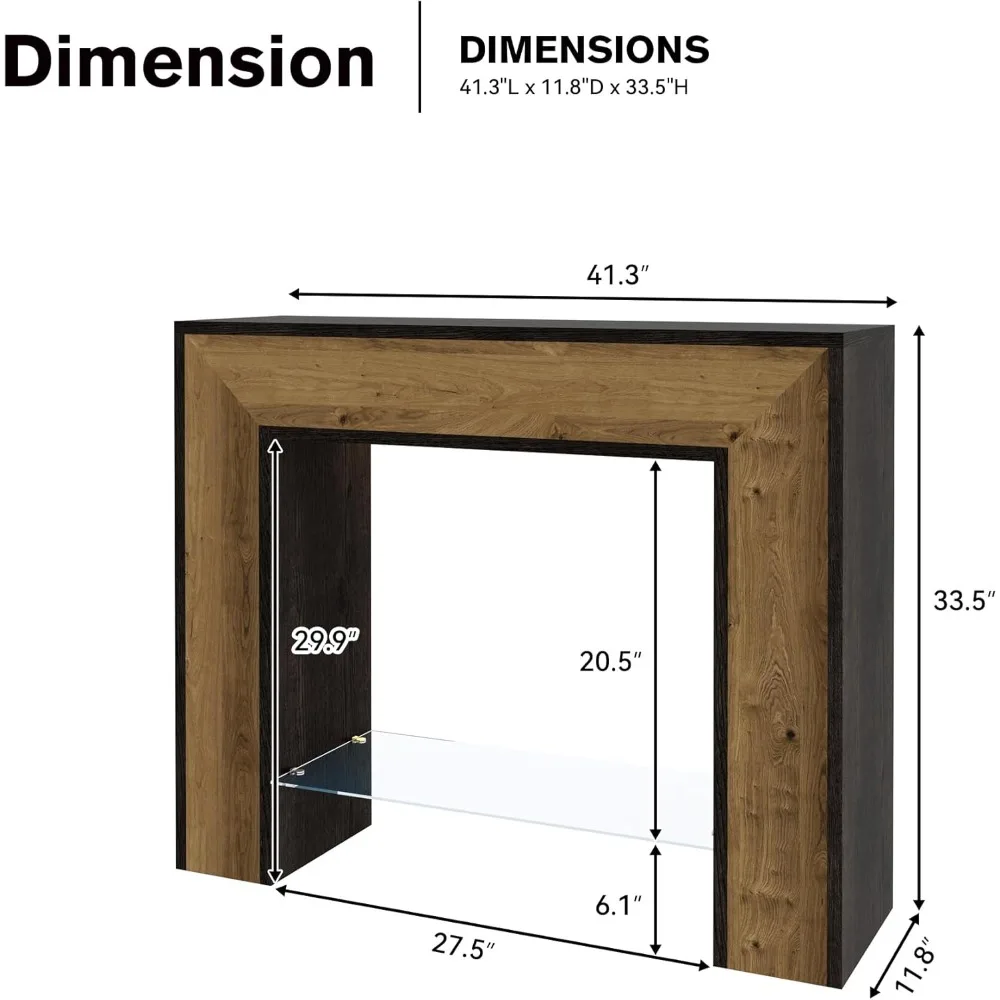 41 Inch Entryway Console Table with LED Light, 2-Tier Farmhouse Narrow Sofa Table Behind Couch with Glass Open Shelf, Rustic Woo