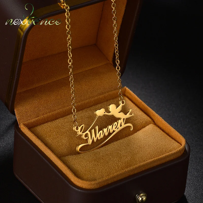 Nextvance Customized Name Necklace Cupid Angel Heart Stainless Steel Nameplate Personalized For Girlfriend Love Jewelry Gifts