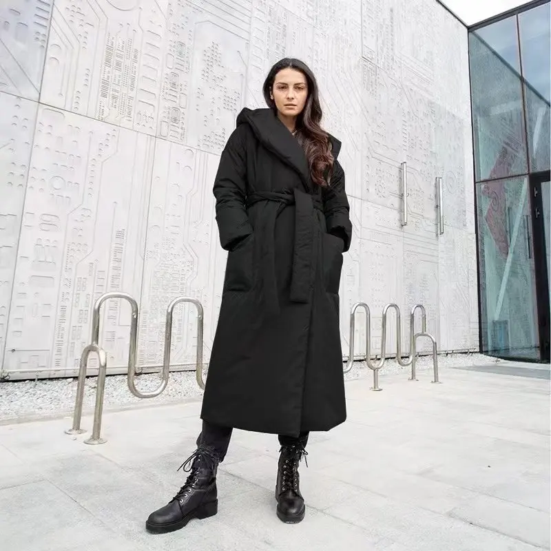 Long Hooded Cotton Jacket Belt Cotton Jacket Female Warm Fashion Loose Pajama Style Temperament Spring and Autumn Coat Women New