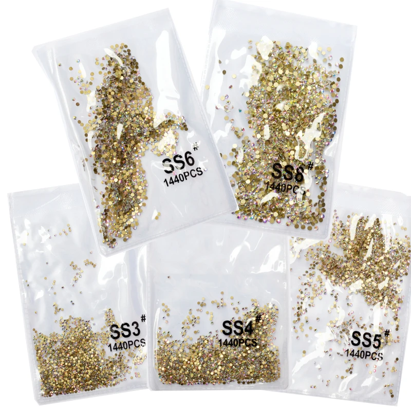 SS3-ss8 1440pcs Gold Crystal AB gold 3D Non HotFix FlatBack Nail Art Rhinestones Decorations Shoes And Dancing Decoration