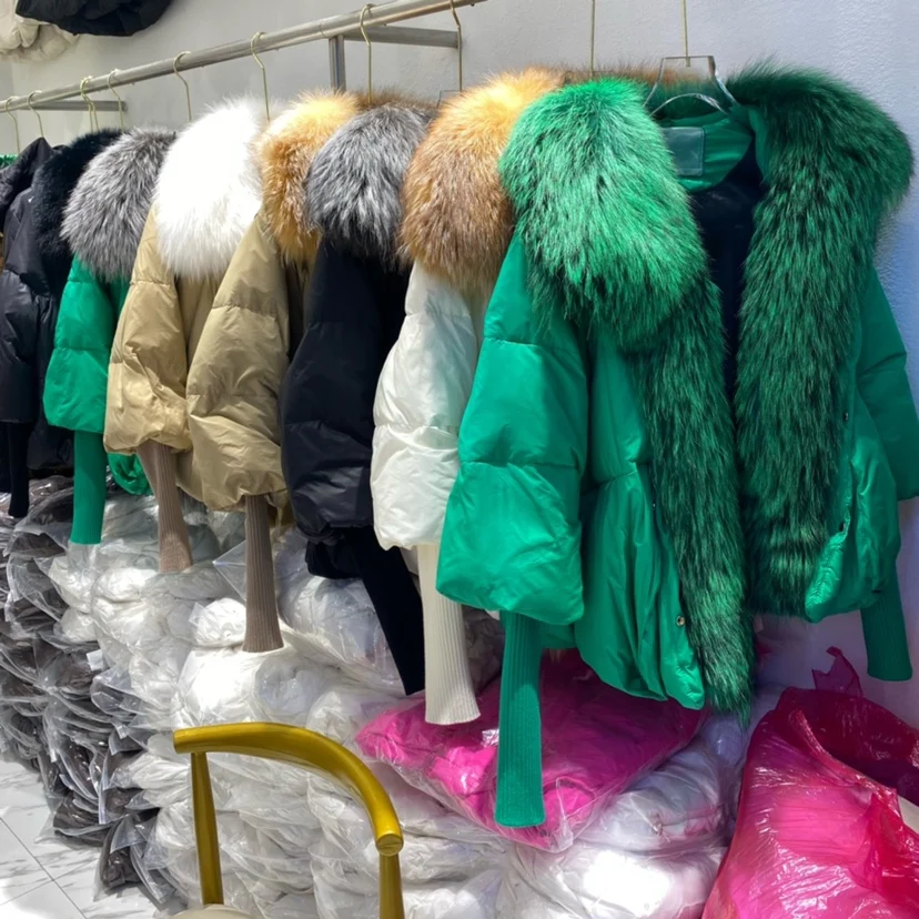 Janveny Large Real Silver Fox Fur Collar 2026 White Duck Down Jacket Women Winter Luxury Puffer Coat Oversize Feather Outwear