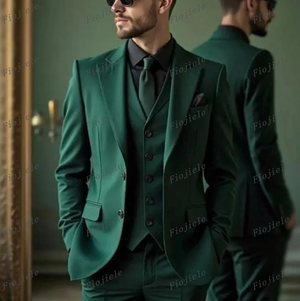 

Dark Green Business Men Suit Groom Groomsman Wedding Party Prom Formal Occasion Male Tuxedos 3 Piece Set Blazer Vest Pants 01