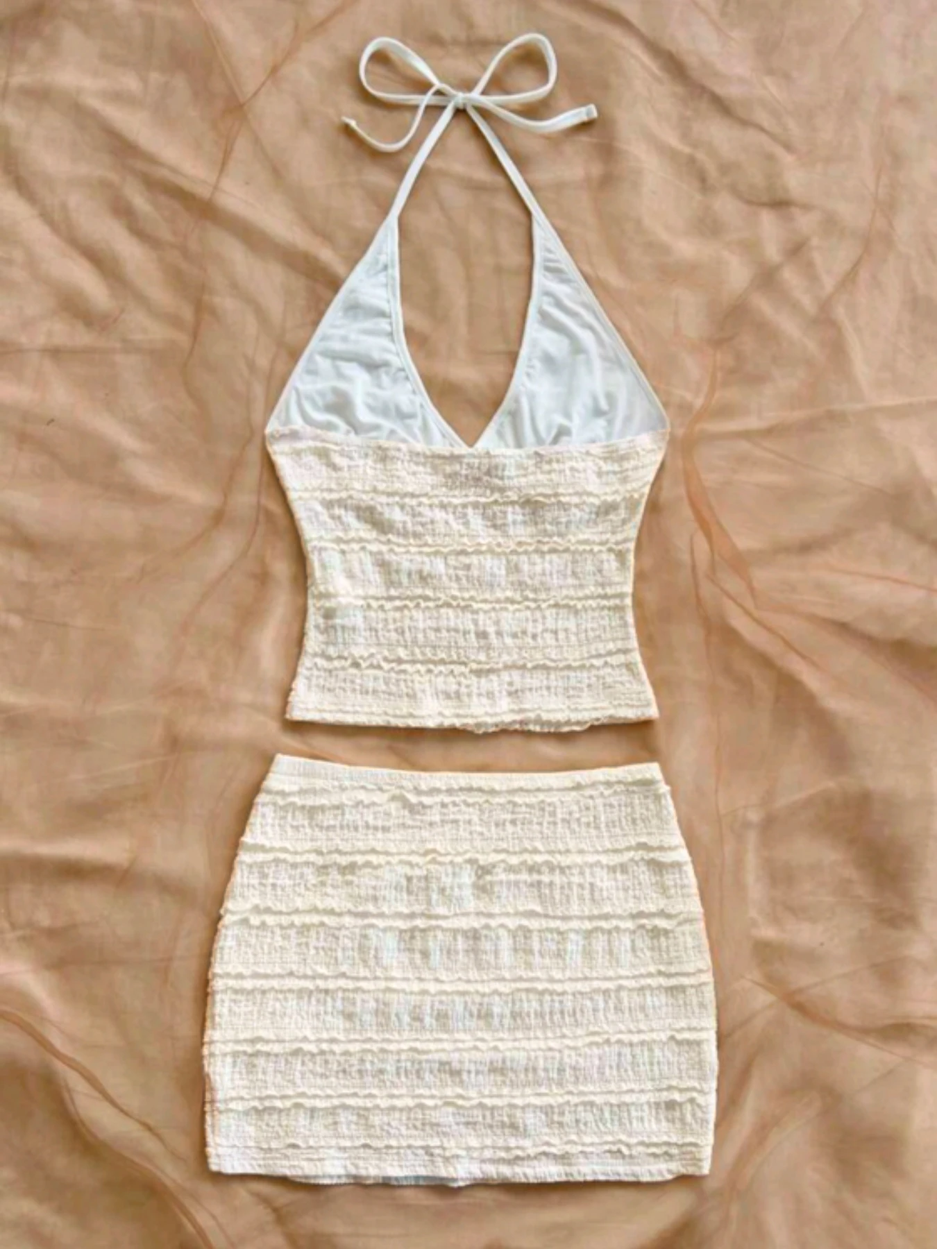 Women 2 Piece Outfits Textured Ruffle Halter V Neck Crop Camisole Mini Skirt Set 2026 Summer Y2K Solid White Beach Vacation Matc